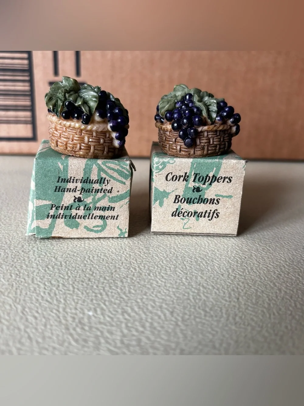 2 Basket of Grapes Cork Bottle Toppers Hand Painted Ceramic Porcelain 1.5